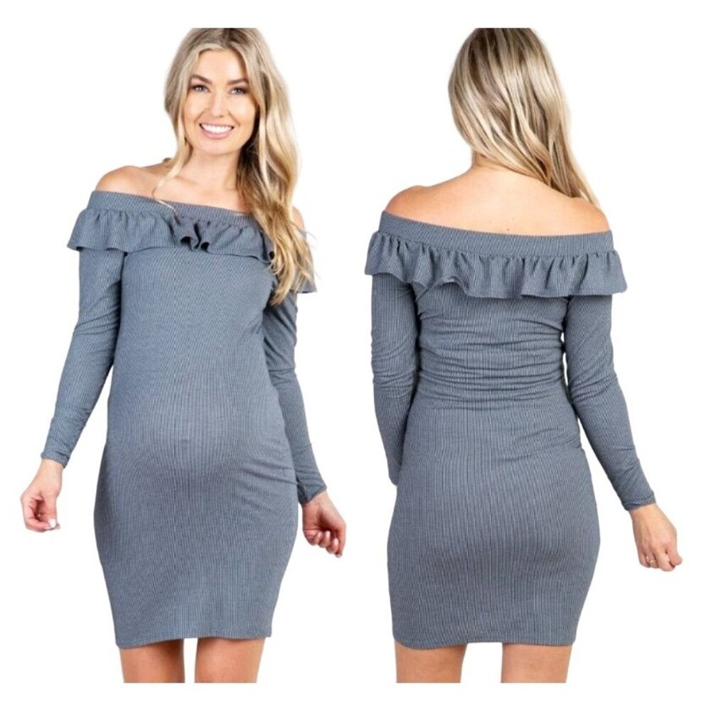 Pink Blush Pinstriped Off Shoulder Ruffle Accent Maternity Dress Charcoal XL NWT - Picture 1 of 15